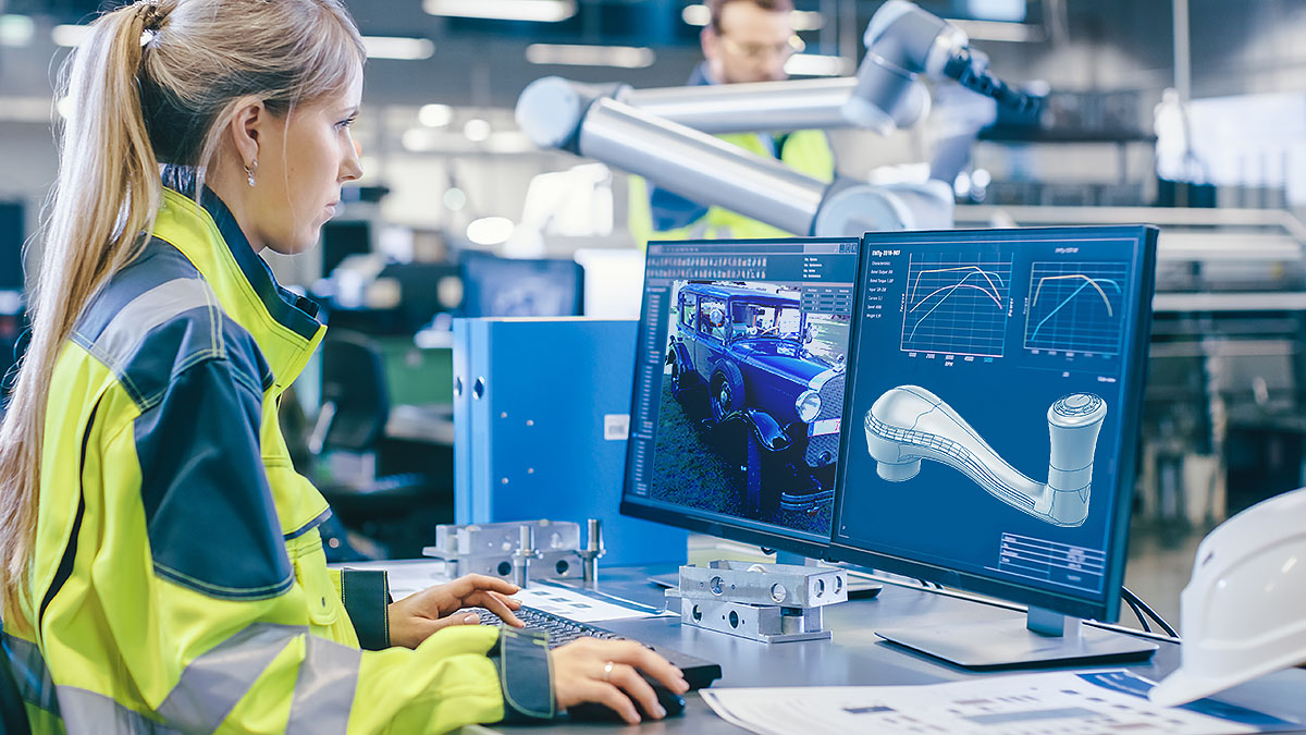 At the Factory Female Mechanical Engineer Designs 3D Engine on